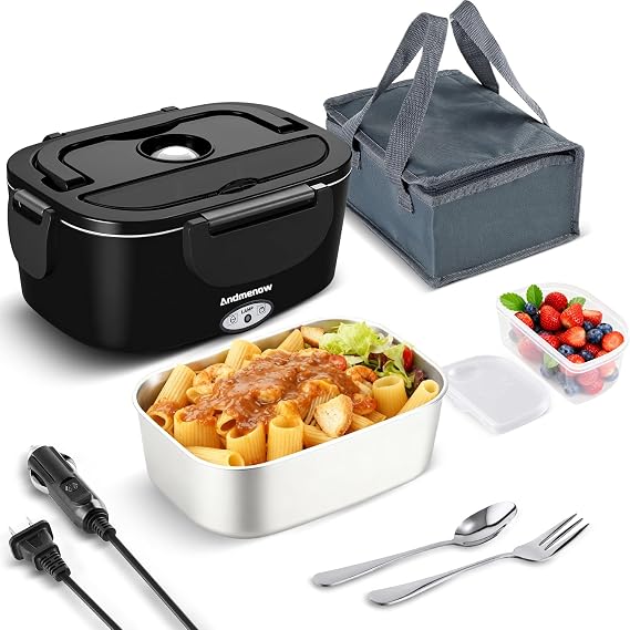 80W Electric Lunch Box food warmer for Adults, Portable Food Heater for Travel/Home/Office,12V/24V/110V Heated Lunch Box Suitable for Ideal Driver/Work/Gift, BLACK
