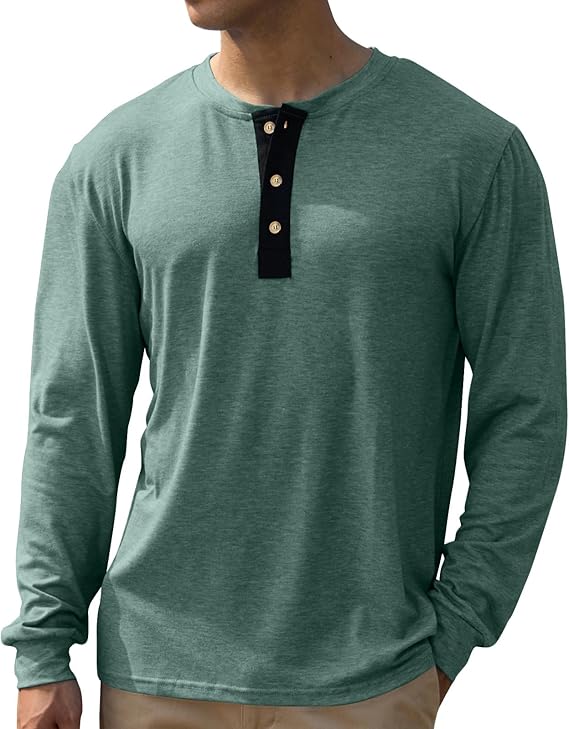 Men's Henley Shirts Long Sleeve Casual Button Classic T-Shirt Cotton Stylish Basic Pullover Soft Tees
