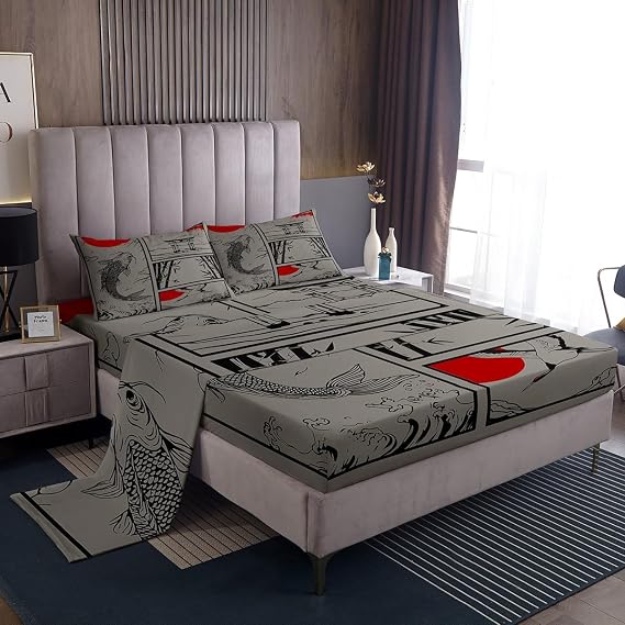 Feelyou Kids Japanese Koi Fish Sheet Set Full Size Japanese Wave Crane Bed Sheets Set Boys Girls Fuji Mountain Bamboo Sunset Sheets with Deep Pocket Fitted Sheet Japan Tokyo Japanese-Style Bedding Set