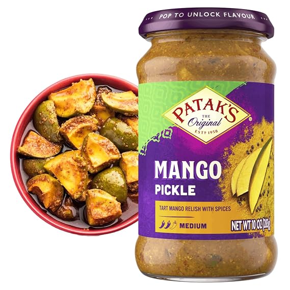 Pataks Medium Mango Pickle - Authentic Indian Relish with Mango Chunks & Aromatic Spices - Perfect with Naan, Pappadum, Sandwiches & Salads - Vegan Spicy Pickle - 10oz Jar (Pack of 1)