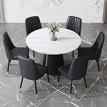 JUFU Round Dining Table Set for 6, 45" Modern Faux Marble Kitchen Table and 6 PU Leather Upholstered Chairs, 7 Piece Circle Dinner Set for Dining Room, Kitchen