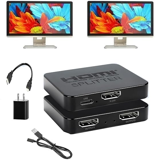 HDMI Splitter 1 in 2 Outwith 1HDMI Cable + 1USB Cable+1Power Adapter 12 Power HDMI Splitter/Distributor 2 Ports for Dual Monitors Copy/Mirror Support 4K@30Hz 1080P Full HD 3D LED HD TV PS3/4 etc