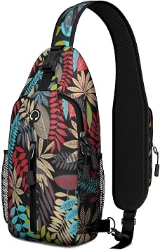 Colorful Leaf Crossbody Sling Backpack Mini Water Resistant Sling Bag with Adjustable Chest Strap for Outdoor Hiking Cycling Sports (Tropical Leaves)