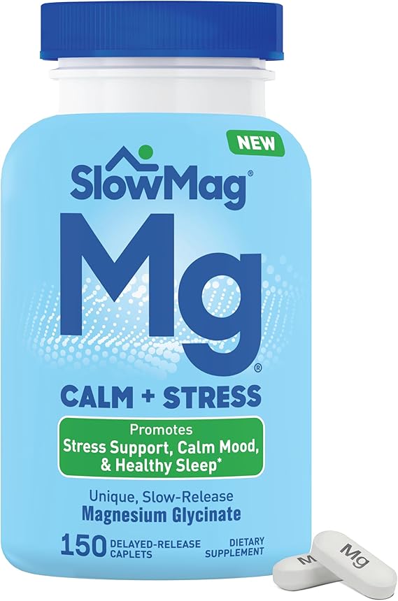 SlowMag Magnesium Glycinate Caplets, 150 Count, Slow-Release, Calm & Stress Support, Healthy Sleep, Gentle on Stomach, Chelated Magnesium Glycinate Supplements for Women & Men