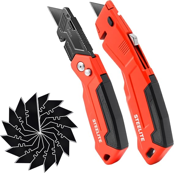 STEELITE Utility Knife 2-Pack, SK5 Heavy Duty Retractable Box Cutter Metal | Blade Storage Design with 16 Extra Blades for Cartons, Rapes, Leather, Carpet and Cardboard Quick Open Razor Knife