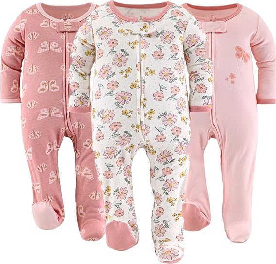 The Peanutshell Baby Sleepers for Girls Set of 3 - Soft Cotton Footed Pajamas for Newborns & Infants - Boho Butterfly