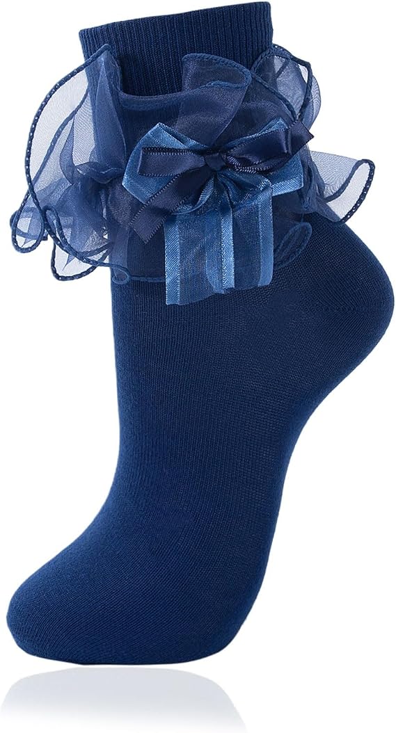 1 Pair Women Big Ruffle Ankle Bow Socks Adult Double Lace Frilly Dress Socks Cute Crew 80s Fancy Bobby Bride Sock