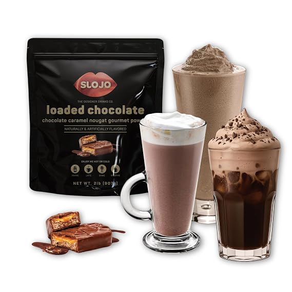 SLOJO Loaded Gourmet Chocolate Powder Caramel Nougat Flavor Drink, Chocolate Mix, Frappe Mix, Mochas, Lattes, Milkshakes and Smoothies, Hot or Cold Beverage Mix, 2 Lbs