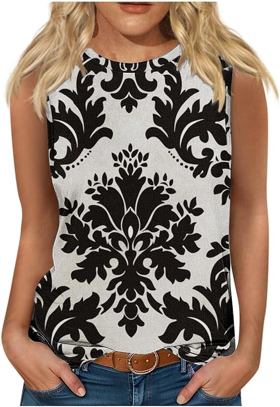 Lastesso Womens Tank Tops Vintage Printing Summer Tops Casual High Neck Sleeveless Tops Fashion Summer Going Out Tanks