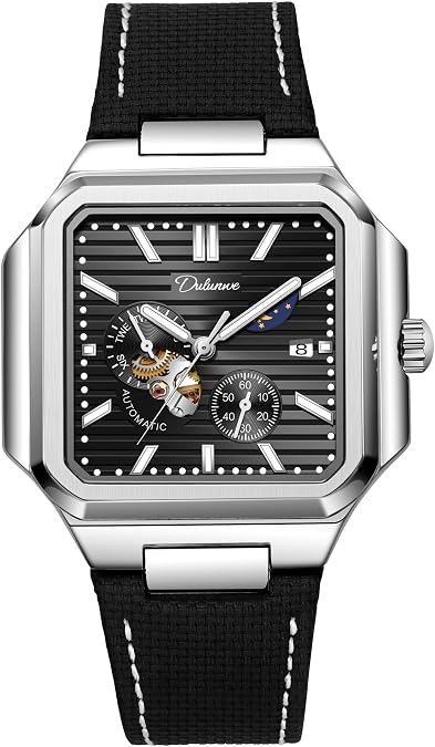 Automatic Hollow Watches for Men Square Skeleton Watch Stainless Steel/Leather Self- Winding Mechanical Watch Moon Phase Run Seconds Timer Waterproof Luminous Wristwatch
