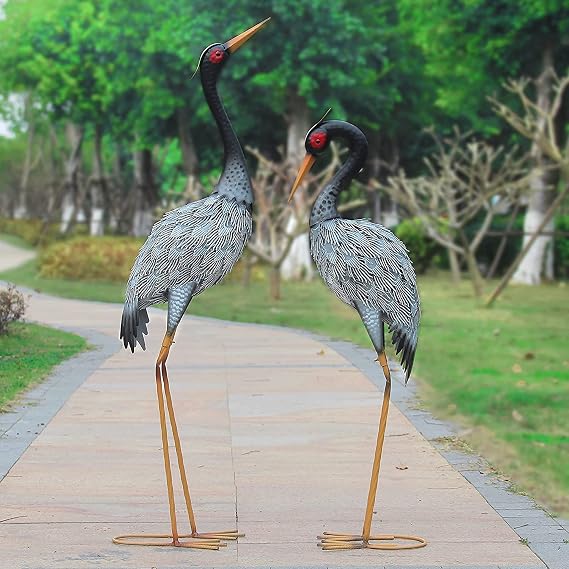 Crane Statue Garden Decor Metal Yard Art for Outdoor Patio Lawn Pool | Bird Garden Sculpture & Statues, Set of 2, Spring & Summer Decorations