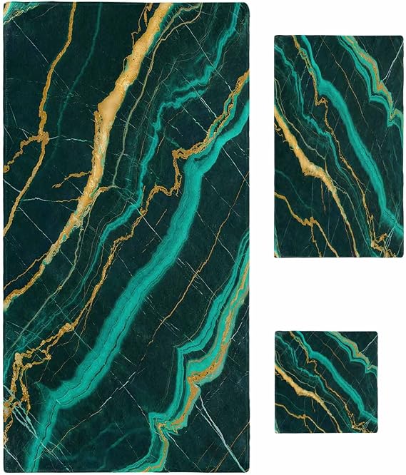 Marble Emerald Green Bath Towels for Bathroom Set - Luxury Microfiber Towels Gifts for Women,Quick Dry Beach Kitchen Hand Hair Face Towel and Dish Washcloth,Modern Abstract Gold Art Workout Towels+Set