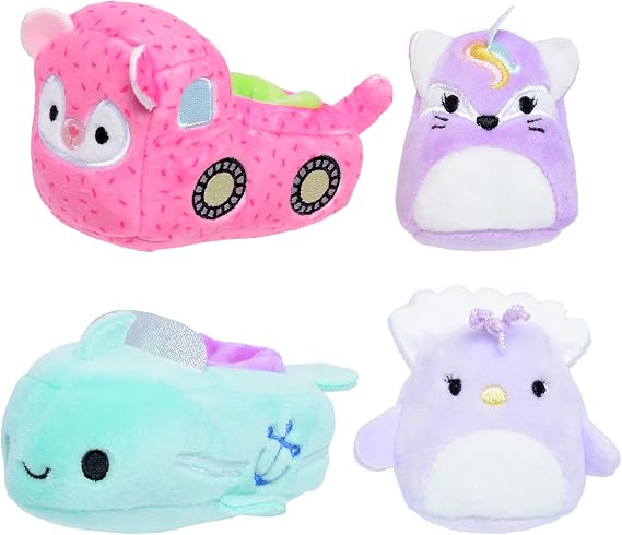 Squishville Squishmallows Sharde in Truck & Elina in Boat - Two 2 Mini Lavender Foxicorn & Purple Peacock Plush, Truck & Boat Vehicles, Irresistibly Soft Plush -