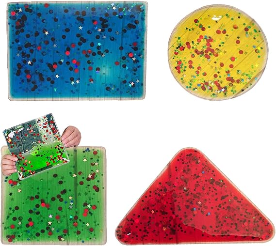 Sensory Gel Shapes with Glitter &amp; Colourful Liquid, Squidgy Jelly Fidgeting Toy, Lie on Light Table or Handheld (4 Pack)
