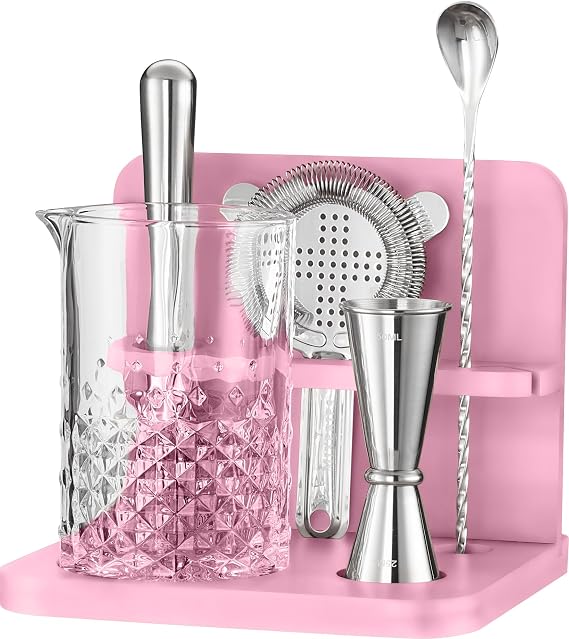 Mixeries Crystal Cocktail Mixing Glass Set with Bamboo Stand - 22 Oz 650ml - Thick and Sturdy Bottom, Durable and Seamless Design with Bar Accessories, Pink