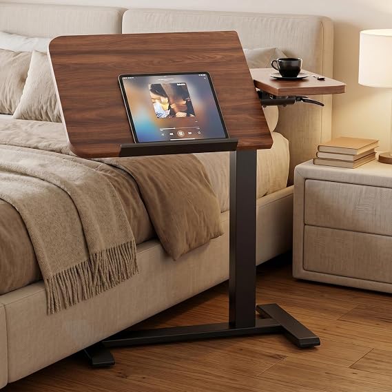 GTPLAYER Pneumatic Adjustable Standing Desk, 28 Inch Tiltable Mobile Rolling Laptop Table with Wheels, Overbed Bedside Table Computer Workstation for Home Office, Walnut