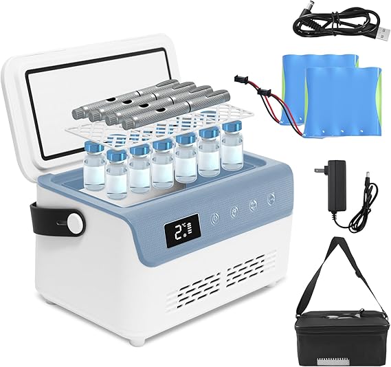 Electric Insulin Cooler Travel Case Box, Mini Insulin Fridge, Portable Insulin Refrigerator Diabetic Cooler Box for 4-5 Pens, 2-18C Temperature Control, with Handle, Power Supply, Rechargeable Battery