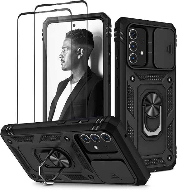 Jeylly for Galaxy A52/A52 5G Case, with [2 Pack] Tempered Glass Screen Protector, Slide Camera Lens Cover Protection and Magnetic Ring Kickstand Dual Layer Hard Phone Case, Black