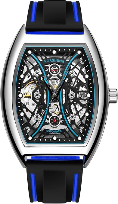 FORSINING Men's Automatic Skeleton Tonneau Waterproof Sports Watch Silicon Band Mechanical Watch for Men