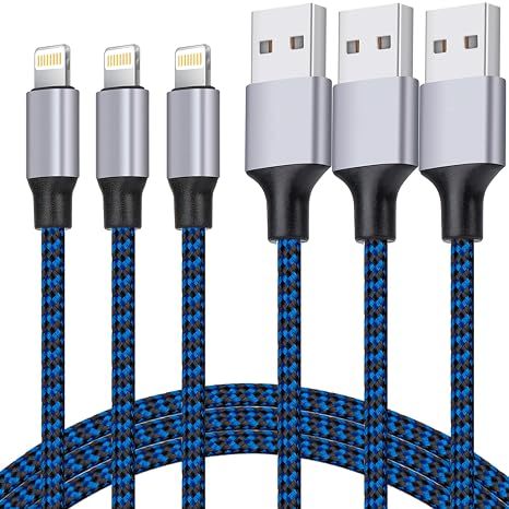 iPhone Charger, Lightning Cable 3PACK 6FT MFi Certified USB Charging Cord | Nylon Braided High Speed Transfer Cable Compatible with iPhone 14 Pro Max/13 Pro/12/11/XS MAX/XR/XS/iPad Pro Mini Air(Blue)