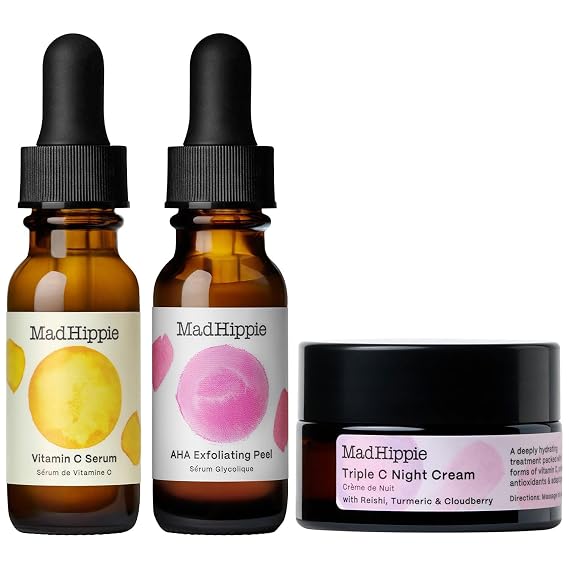 Mad Hippie Skin Brightening Kit Vitamin C Serum, AHA Exfoliating Peel + Triple C Night Cream, Travel Essentials