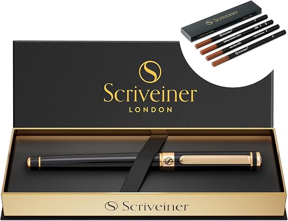 Scriveiner Black Lacquer Rollerball Pen - Stunning Luxury Pen, Real Gold Plating bundle with Rollerball Refill Black Fine - 4 Refills in one box