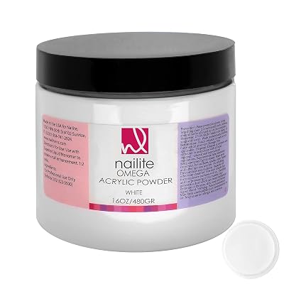 Omega Professional Acrylic Powder for Nail Extension System, Extra Adhesion, Resistant, EMA Formula and Non-Yellowing Effect White 16 Oz.