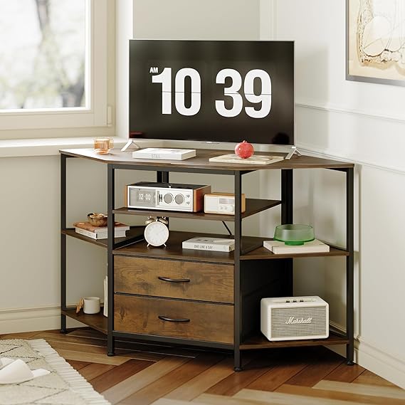 Corner TV Stand for 55 Inch TV with Drawers, Brown | Farmhouse Entertainment Center; Fits TVs up to 55"; Corner TV Console; 2 Storage Drawers; Built-In Power Outlet