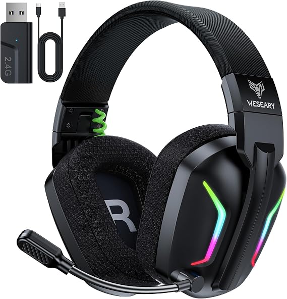 WESEARY Wireless Gaming Headsets for PC, PS5, PS4, Switch, Mac, 2.4GHz Wireless Gaming Headphone with ENC Noise Canceling Microphone, Bluetooth 5.4, Cool Lighting, 50H Battery, 50mm Drivers | 2.4GHz Wireless Gaming Headphone with ENC Noise Canceling Microphone, Bluetooth 5.4, Cool Lighting, 50H Battery, 50mm Drivers
