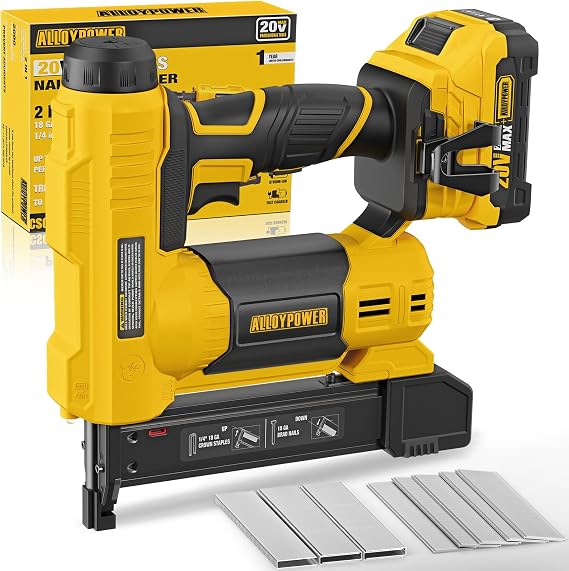 ALLOYPOWER 2 in 1 Cordless Brad Nailer/Electric Stapler with 2.0Ah Battery and Charger,1000pcs Nails and 500pcs Staples Included for Home Improvement & Woodworking