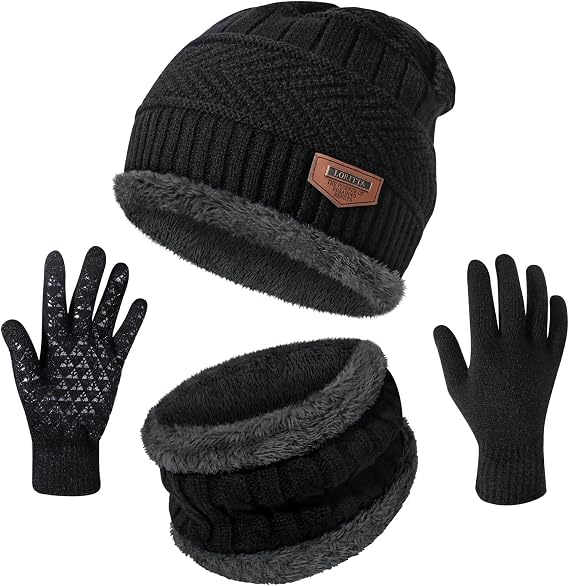 Loritta Winter Beanie Hats Gloves Set, Thick Warm Hat Scarf for Men | 3-in-1 Set, Touchscreen Gloves, Cozy Neck Warmer, Thermal Fleece Lining, Stretchy, Stocking Stuffers Gifts