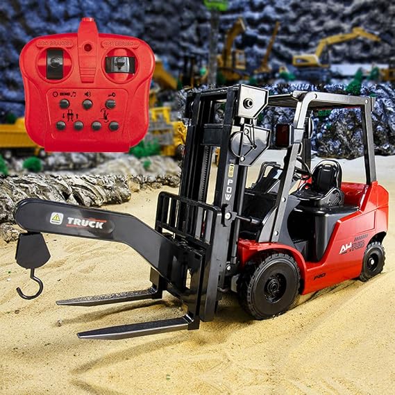 RC Forklift 11 Channel Red Remote Control Forklift 1/8 2.4G Fully Functional Construction Vehicle with Metal Carrier Slab with Lights Sound Warehouse Engineering Truck Heavy Equipment