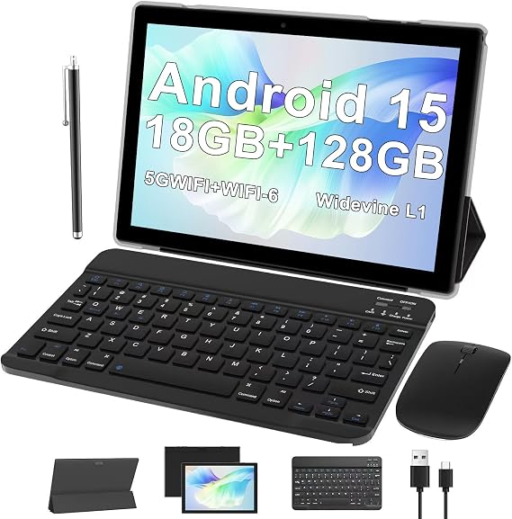 ATOZEE 10 inch Tablet with Keyboard Android 15 Tablets 2 in 1 Tablet 18GB RAM 128GB Supports 2TB Expansion Tablets Include Case Mouse Stylus 6000mAh Battery 2MP+8MP Dual Camera 5G WiFi6 10.1" Tableta