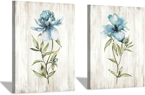 Flower Painting Canvas Wall Art: Blue Botanical Floral Artwork Wildflower Picture Print for Living Room (12'' x 16'' x 2 Panels)