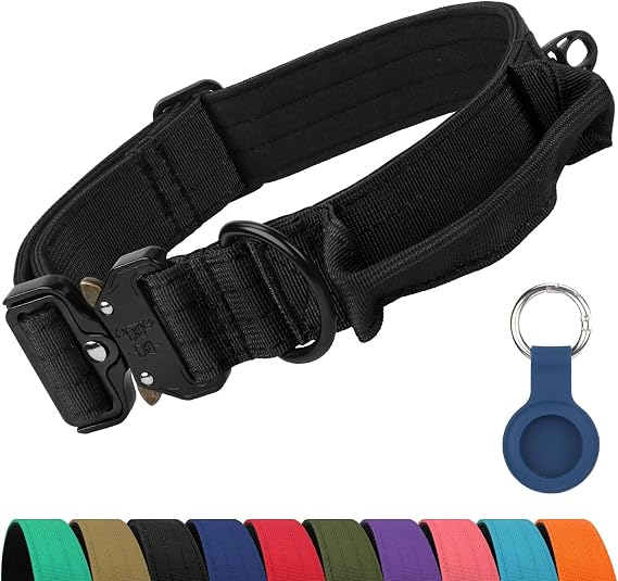 Joytale Tactical Dog Collar with Control Handle, AirTag Holder, Black, L