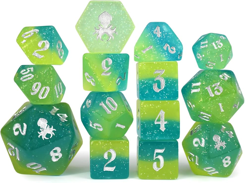 Kraken Dice Into The Deep UV Reactive 14pc Dice Set Inked in Silver