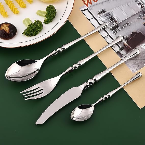 Silverware Set for 6, 24 Piece Round Shank Silverware Set Stainless Steel Including Steak Knife Fork and Spoon, Gift Package for Wedding Housewarming