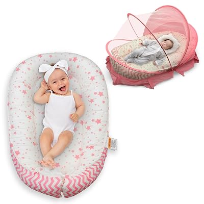 Baby Lounger for Newborn 0-24 Months, with Mosquito Net, Breathable & Soft Baby Nest, Portable & Lightweight Pink