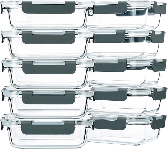 M MCIRCO 10-Pack,22 Oz Glass Meal Prep Containers,Glass Food Storage Containers with lids,Lunch Containers,Microwave, Oven, Freezer and Dishwasher (Gray)