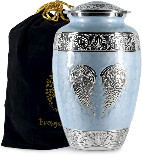 Cremation Urns for Human Ashes Adult Female and Male Decorative Large Burial Funeral Urn with Angel Wings Design, Sky Blue