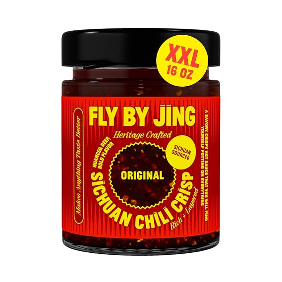 FLYBYJING XL Original Sichuan Chili Crisp: Premium Chili Oil w/Crunchy Garlic and Shallots - Spicy, Savory, Vegan, Sugar Free Hot Sauce - Good on Noodles, Proteins, Veggies & Everything, 16oz Jar