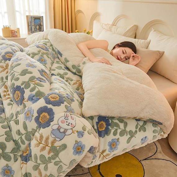Thickened Soft Insulation Winter Quilt, Hibiscus Double Fabrics, Breathable Warmth Fluffy Plush Double Sided Velvet Blanket for Cold Weather(D, 200x230cm/4kg)