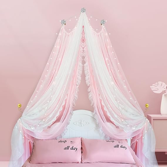 Bed Canopy for Girls, a New Princess Lace Design with Crystal Decorations and Fairy Lights, Adds Charm and Romance to Her Room While Keeping Bugs at Bay