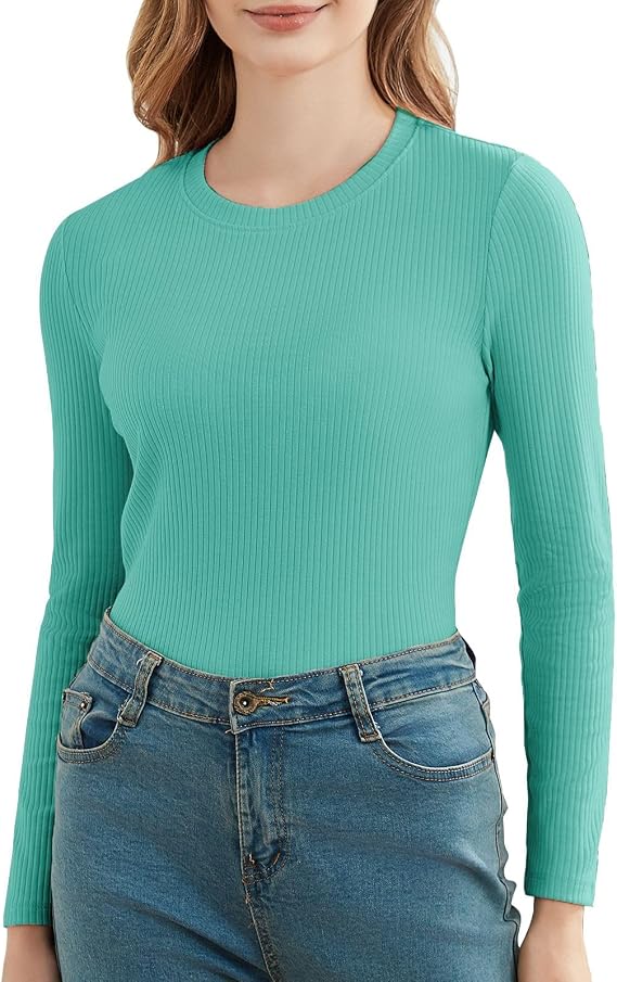 Cotton Long Sleeve T Shirts for Women Ribbed Knit Basic Tops Casual Slim Fitted Tee Tshirts Tight Undershirts