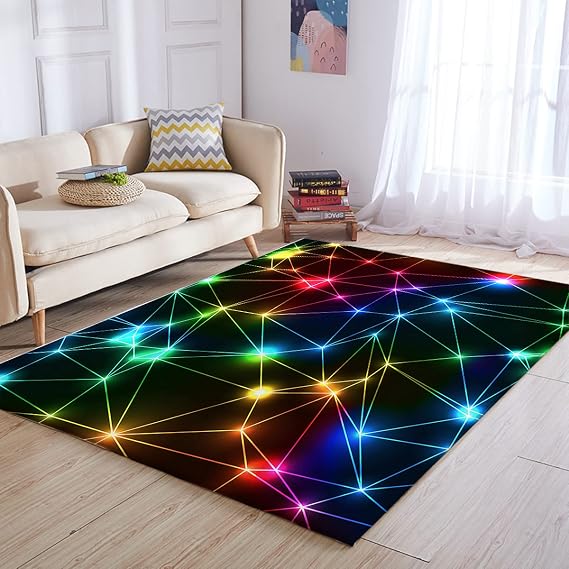 BlessLiving Triangle Retro Neon Area Rug Bedding Set Soft | Soft; Reversible; Bedroom; Boys; BlessLiving Triangle Retro Neon Area Rug; Glowing; Sparkling; Rainbow; Laser; Pattern