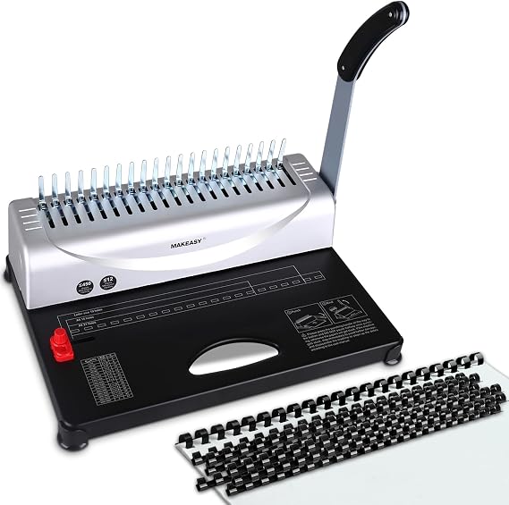 MAKEASY Comb Binding Machine - Punch 12 Sheet, Easy Punch No Jam, Heavy-Duty Metal Build, Book Binder for Office Reports & Home School Projects, Includes 100 Combs, Letter/A4/A5 Compatible
