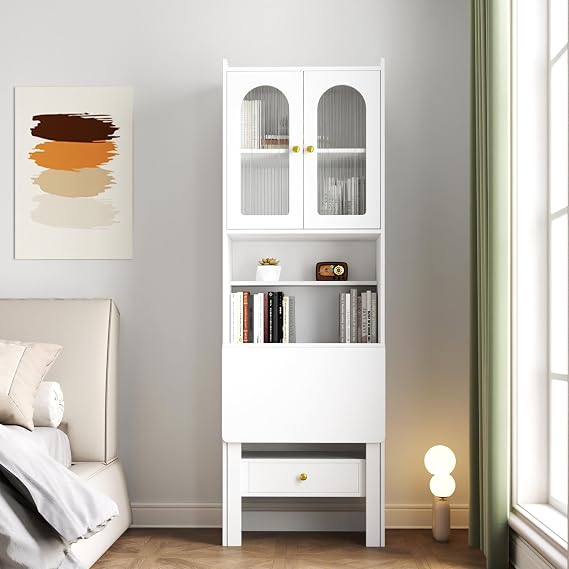 Fold-Out Convertible Writing Table with Bookcase, Foldable Desk with Storage Shelf and Drawer for Craft, Writing, Study and Work, Multi-Function Home Office Workstation (White)