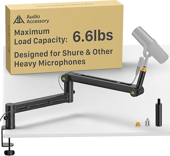AA AUDIO ACCESSORY Mic Arm Desk Mount (Design for Heavy Mic) 6.6lbs Load Capacity, Stable Gear Lock Never Sags, Metal Low Profile Microphone Boom Stand for Shure SM7B SM7dB MV7, Blue Yeti, Rode PodMic