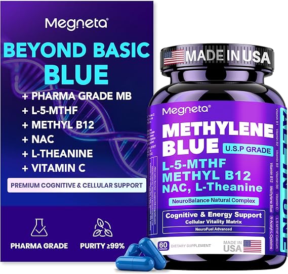 Methylene Blue Pharmaceutical Grade Capsules for Humans - Triple-Pathway Formula with Pure MB, NAC, L-5-MTHF, L-Theanine& Methyl B12 | Cognition, Mental Clarity, Cellular Energy & Antioxidant Support