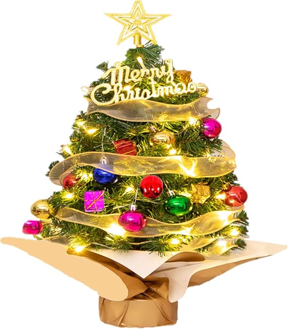 Mini Christmas Tree Small Christmas Tree with LED Lights Ornaments Tabletop Artificial Christmas Decorations Indoor Christmas Decor 24"/60cm (Brilliant Green, 60CM)
